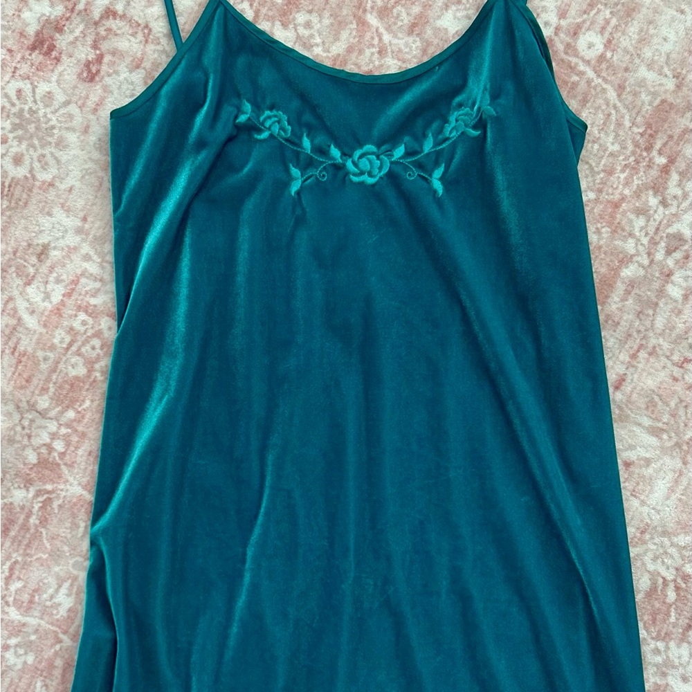 Teal Velvet Slip Dress with Floral Embroidery